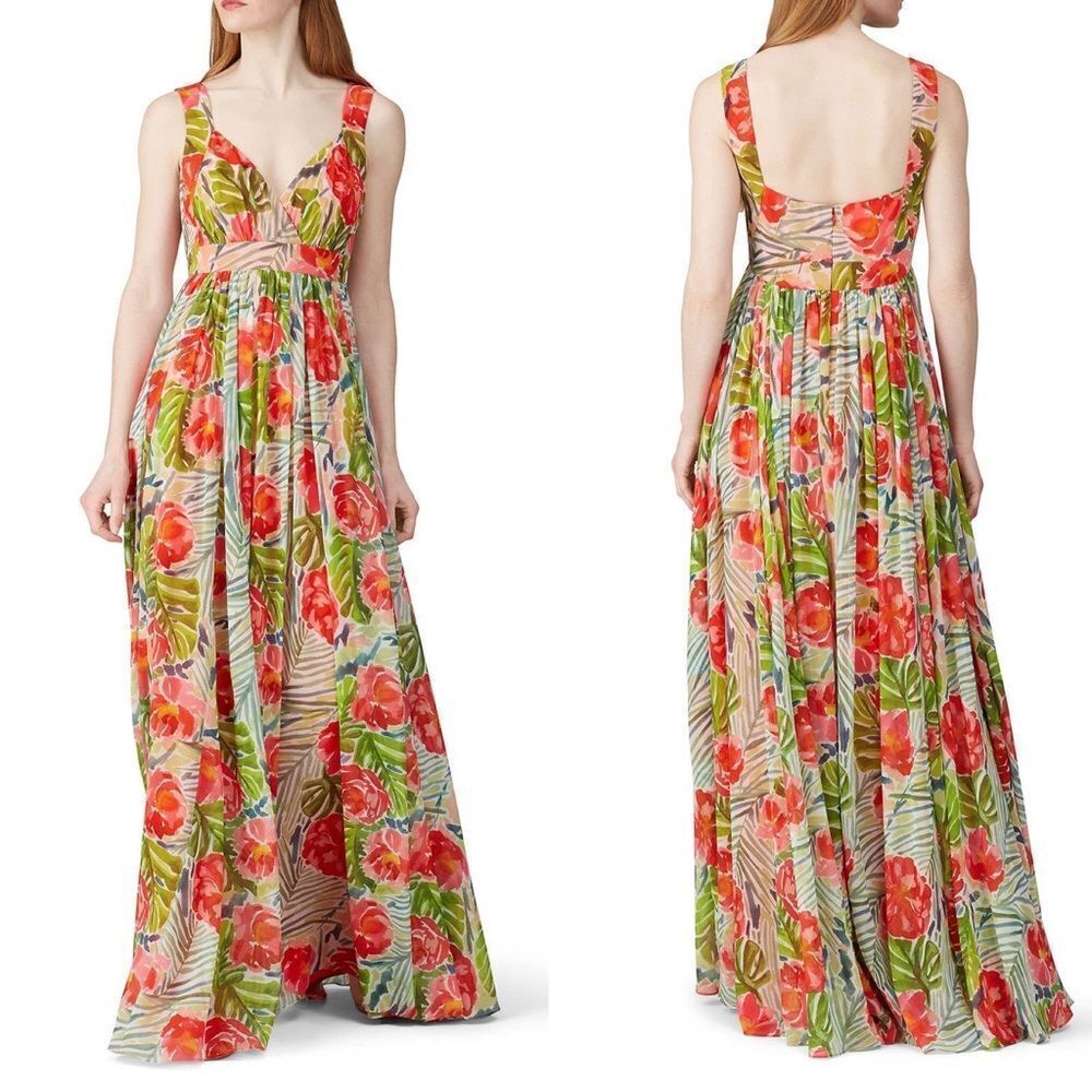 Badgley Mischka Green & Coral Floral Chiffon Flowy Maxi Gown Long Dress Size 2